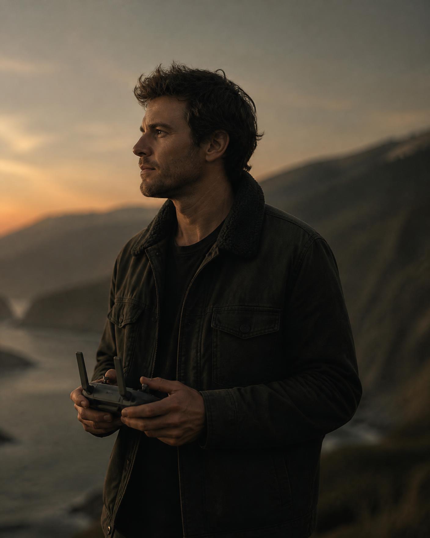 Keegan Guy on location holding a drone controller at golden hour