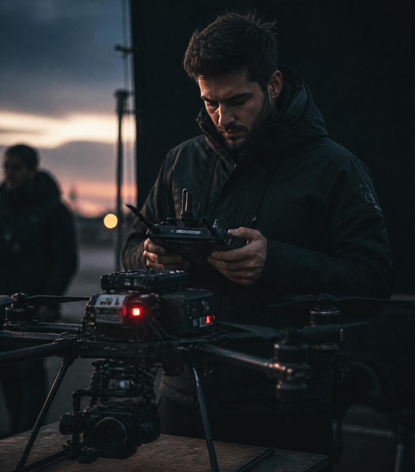 Keegan preparing a cinema drone on location at dusk