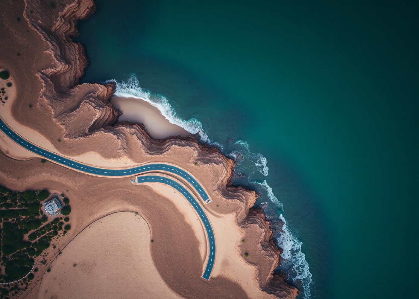 Aerial view of a coastal road curving beside the ocean