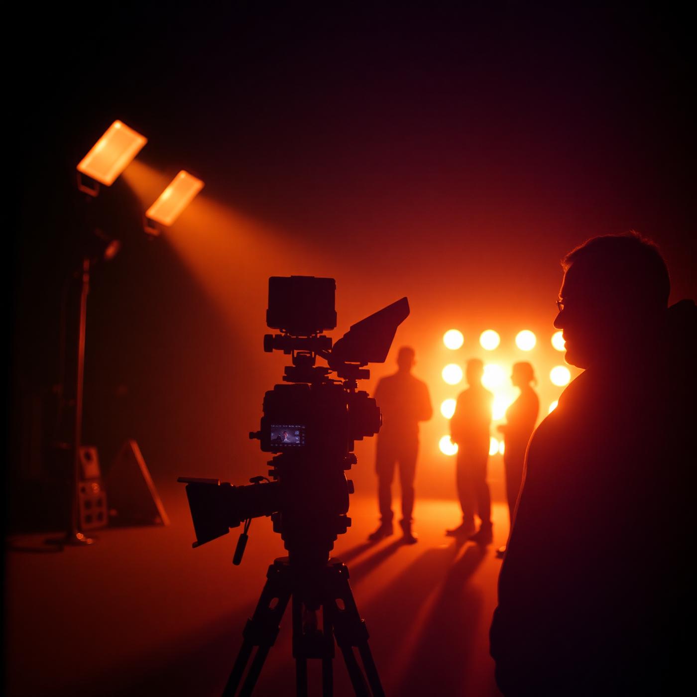 Behind-the-scenes silhouettes on a film set