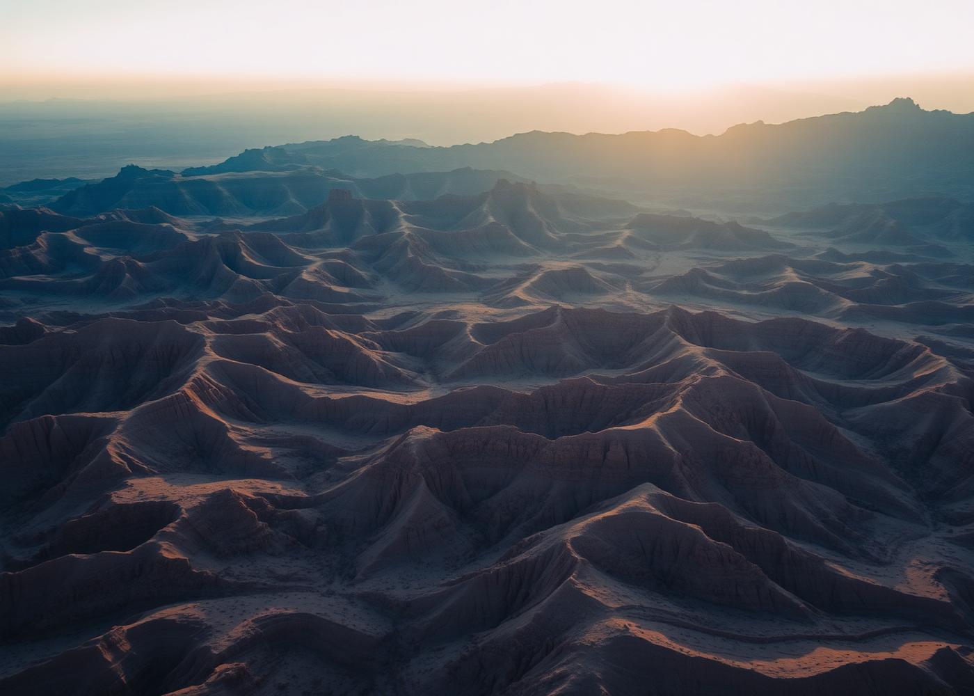 Aerial view of a desert landscape at dawn