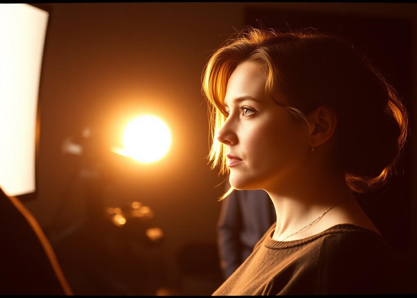 Actress lit by practical lighting on set